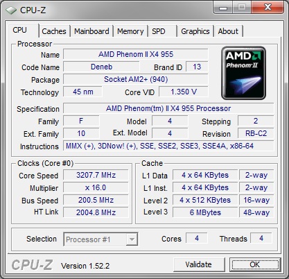 CPU-Z Ver.1.52.2:Phenom II X4 955